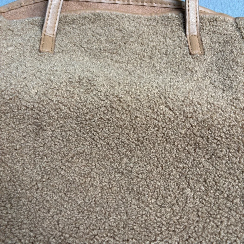 Neiman Marcus Faux Shearling Sherpa Tote Bag Camel Tan Brown Shoulder Bag